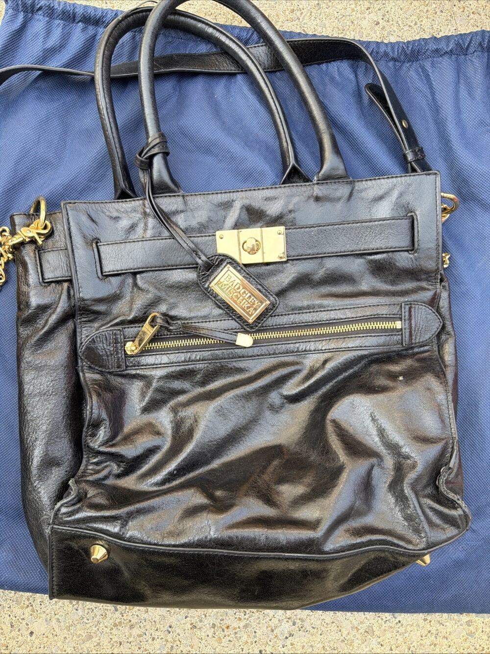 Badgley Mischka Black Leather Satchel Handbag Gold Hardware Top Handle Purse